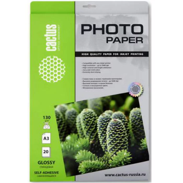 Фотобумага Cactus CS-GSA313020 A3/130г/м2/20л./белый глянцевое самоклей. для струйной печати
