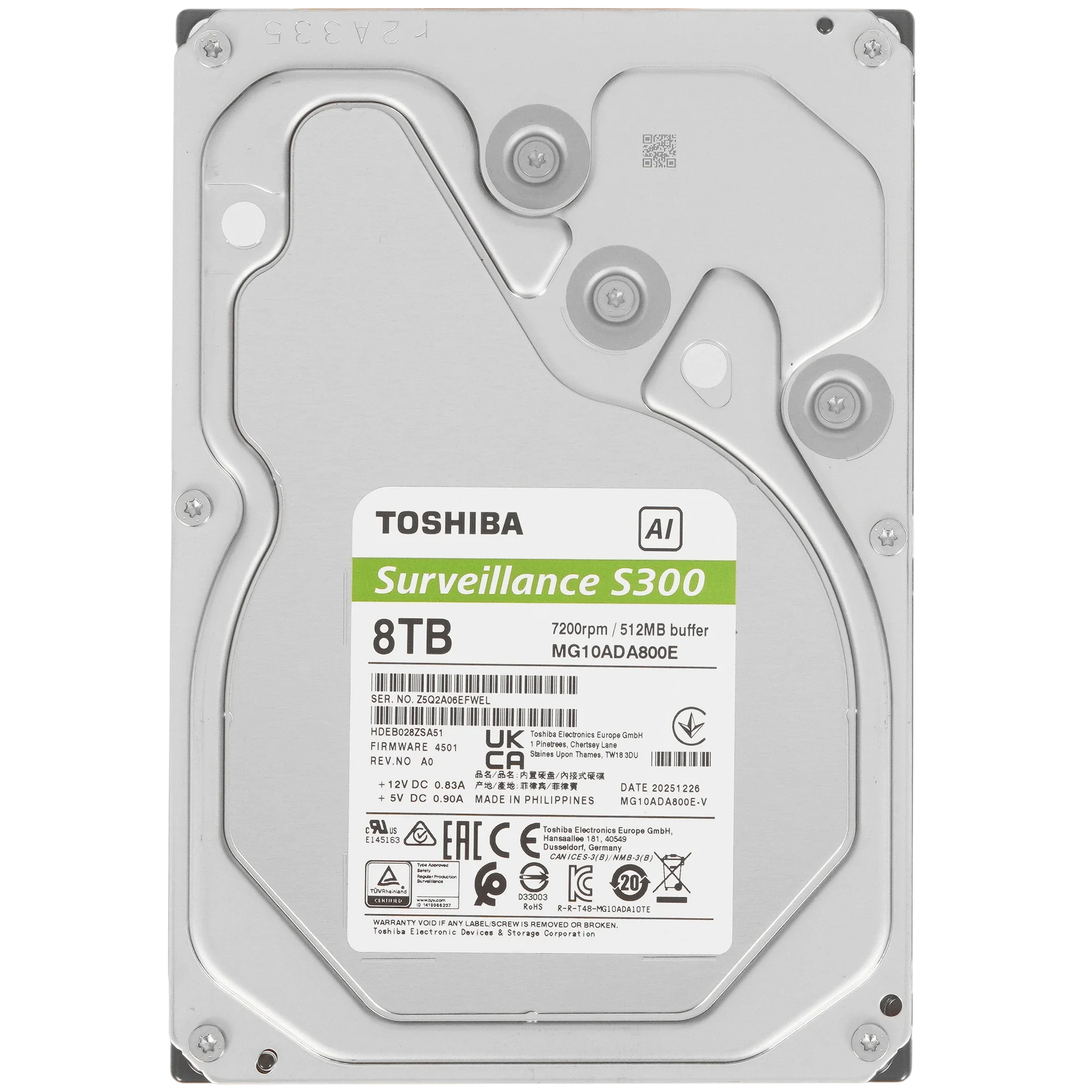 Жесткий диск/ HDD Toshiba SATA3 8Tb S300 AI Surveillance (CMR) 7200 512Mb 1 year warranty (replacement WD85PURZ, ST8000VX009) (MG10ADA800E-V)
