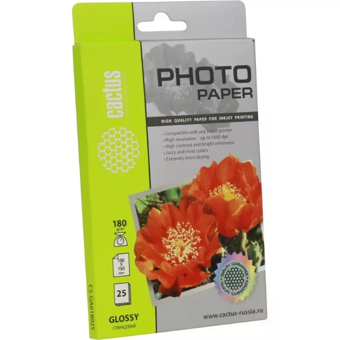 Фотобумага Cactus CS-GA618025 10x15/180г/м2/25л./белый глянцевое для струйной печати