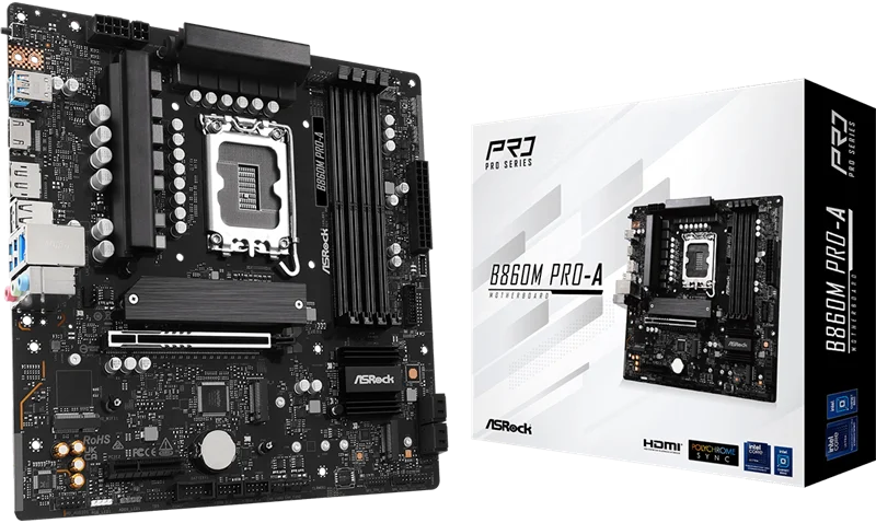 Материнская плата ASROCK B860M PRO-A, LGA1851, B860, 4*DDR5, 4*SATA, 4*M.2, 6*USB 3.2, 2*USB 2.0, Type-C, 2*PCIx16, 1*M.2 (Key E), HDMI+DP, mATX