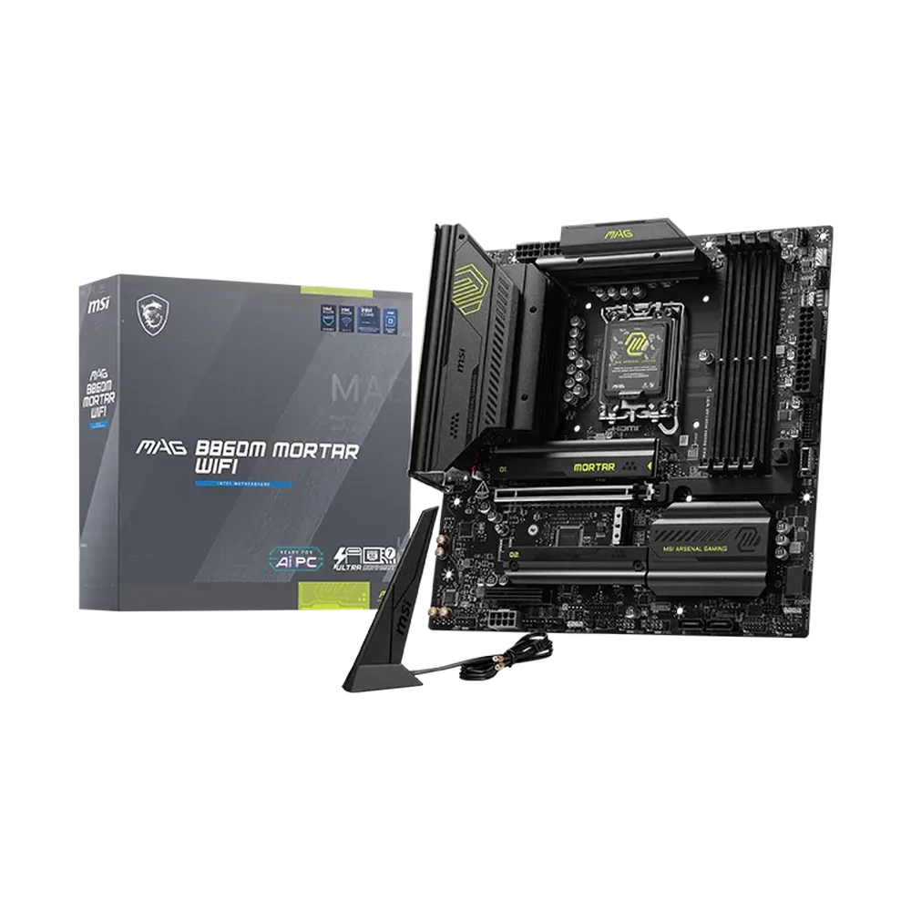 Материнская плата MSI MAG B860M MORTAR WIFI B860, LGA1851, 4*DDR5, 1*PCIEx16, 1*PCIEx4, 3*M.2, 2*TypeC, 3*USB3.2Gen2, 2*USB3.2 Gen1, 8*USB2.0, 4*SATA3.0, 5G, Type-C(DP), DP, HDMI, M-ATX, RTL