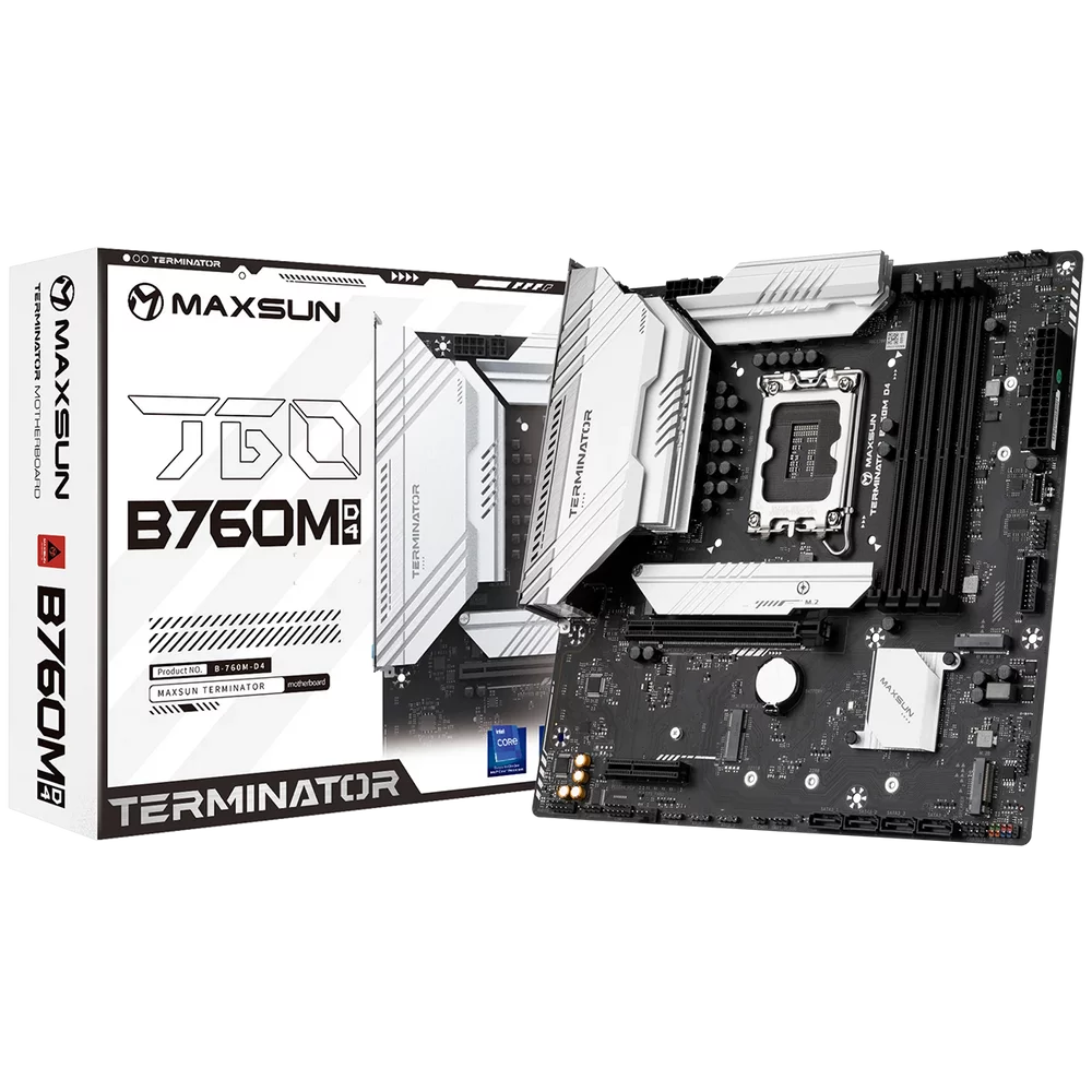 Материнская плата Maxsun MS-Terminator B760M D4 B760, LGA1700, 4*DDR4, 1*PCIEx16, 1*PCIEx4, 3*M.2, 1*TypeC, 4*USB3.2Gen1, 8*USB2.0, 4*SATA3.0, 2.5G, DP, HDMI, M-ATX, RTL (6940709699386/6940709699768)