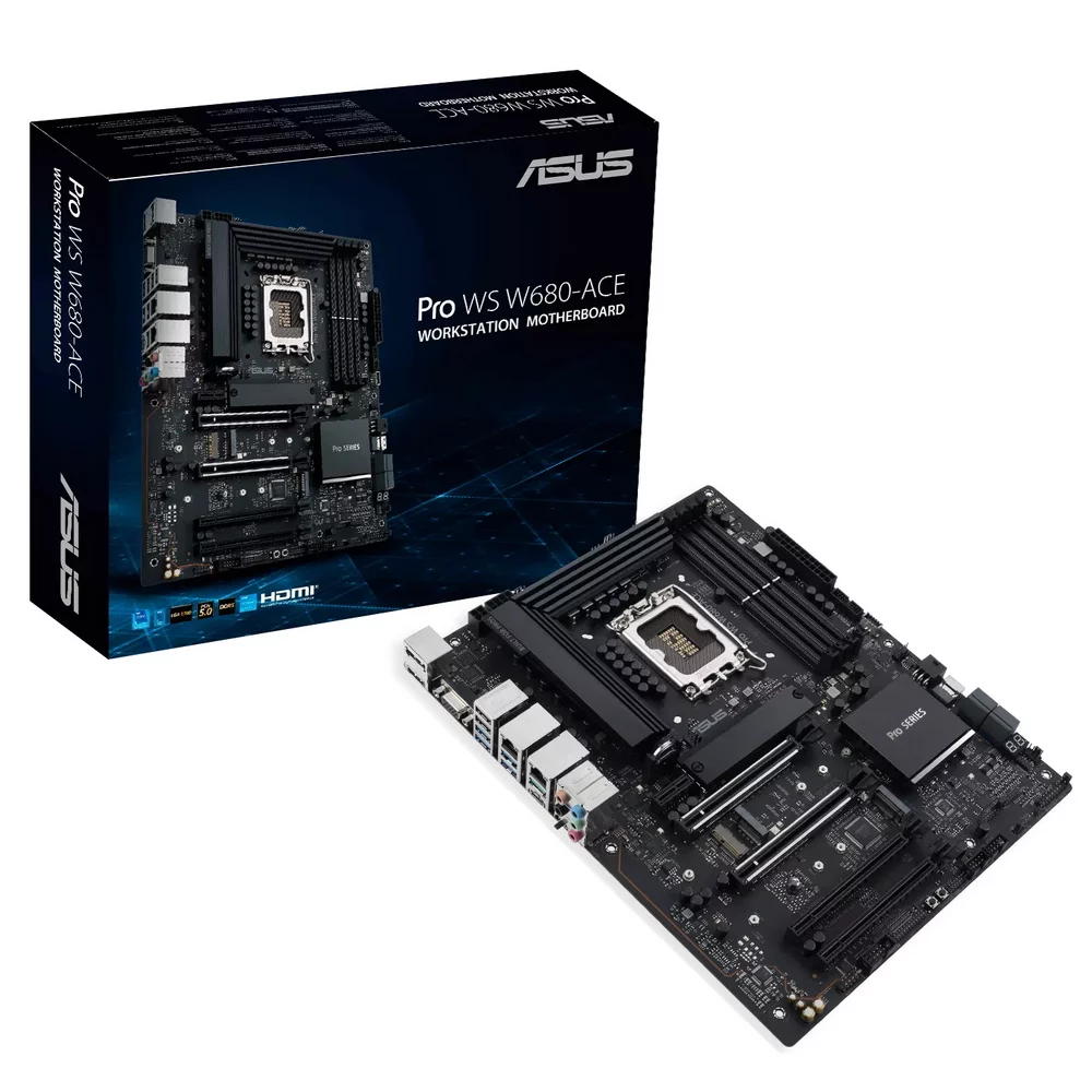 PRO WS W680-ACE Intel W680 (LGA 1700) ATX motherboard, PCIe® 5.0, DDR5, dual Intel 2.5 Gb Ethernet, three PCIe 4.0 M.2 slots, USB 3.2 Gen 2x2 front panel connector, SlimSAS, SATA 6 Gbps, HDMI®, DisplayPort and VGA (90MB1DZ0-M0EAY0)