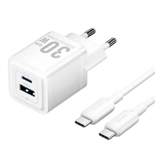 Набор для зарядки Vention з/у GaN 30W 2 порта USB (C + A) и кабель USB-C 3А Белый, шт. (TZ-FEQW0-EU-01)