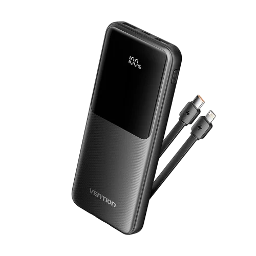 Power Bank Vention 10000mAh(Micro-USB/C/A/A) со встроенными кабелями 22.5W Чёрный с LED Дисплеем, шт. (FHOB0)