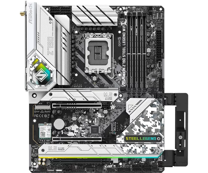 Материнская плата ASROCK Z790 STEEL LEGEND WIFI, LGA1700, Z790, 4*DDR5, 8*SATA, 5*M.2, 9*USB 3.2, Type-C, 3*PCIx16, 1*M.2 (Key E), HDMI+DP, ATX