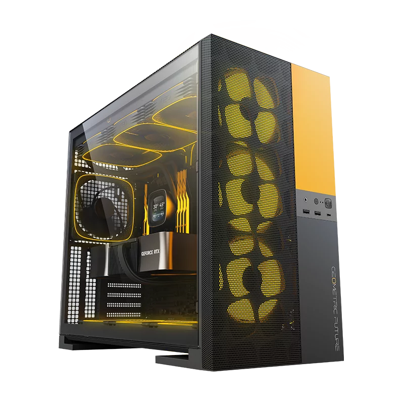 Корпус ПК без блока питания/ Case Geometric Future Model 5 Vent, Midi-Tower, TG, no fans, 2xUSB-A 3.0, 1xUSB 3.2 Type-C, E-ATX, ATX, mATX, mITX Black/Yellow (1AM5VTBY00100)