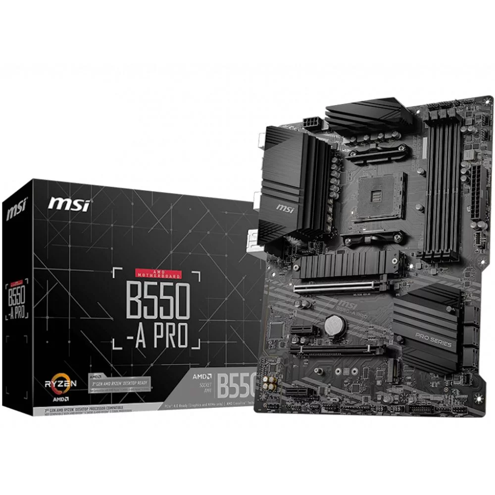 Материнская плата MSI Bad Pack B550-A PRO B550, AM4, 4*DDR4, 2*PCIEx16, 2*PCIEx1, 2*M.2, 2*TypeC, 1*USB3.2Gen2, 4*USB3.2Gen1, 8*USB2.0, 6*SATA3.0, 1G, DP, HDMI, ATX, RTL (B550-A PRO||BP)