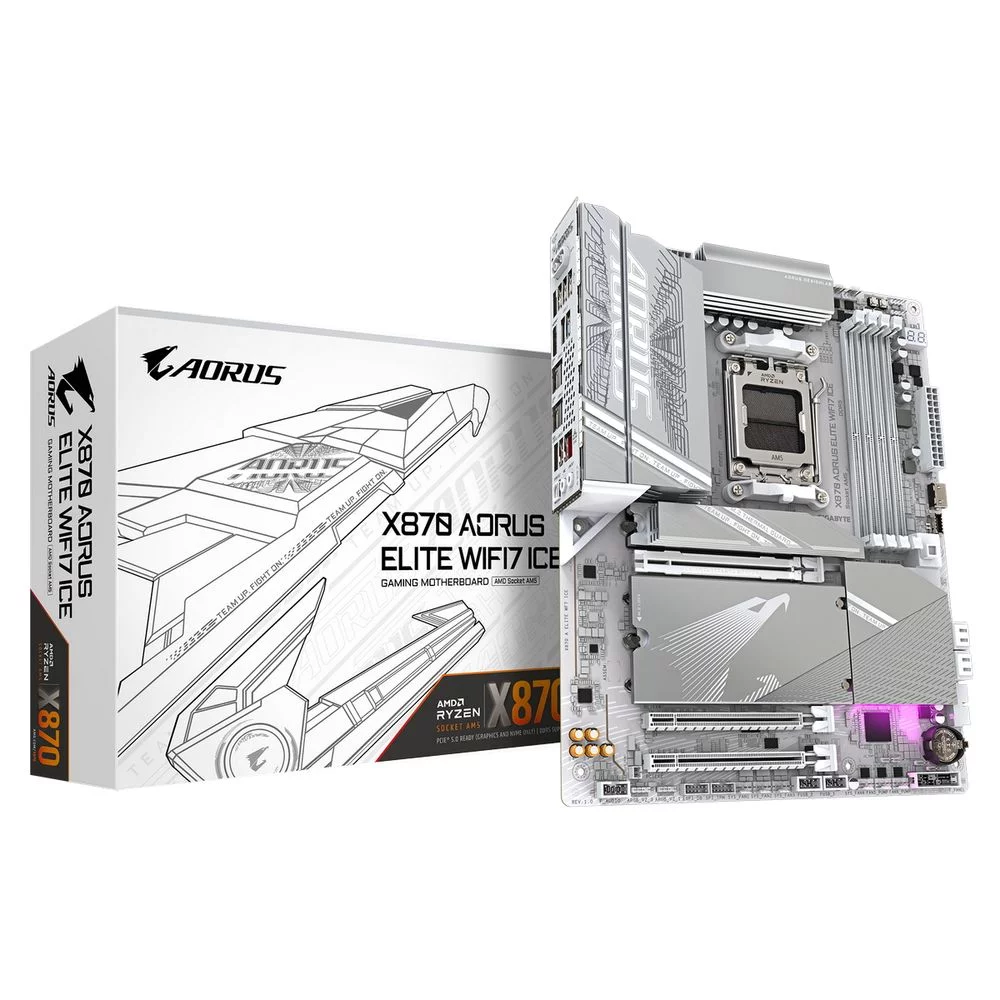 Материнская плата/ X870 AORUS ELITE WIFI7 ICE, Socket AM5, AMD X870, 4xDDR5-5200, HDMI, 3xPCI-Ex16, 4xSATA3(RAID 0/1/10), 4xM.2, 6 Ch Audio, 1x2,5GLan, (4+4)xUSB2.0, (6+2)xUSB3.2, (2+1)xUSB Type-C™, ATX, RTL