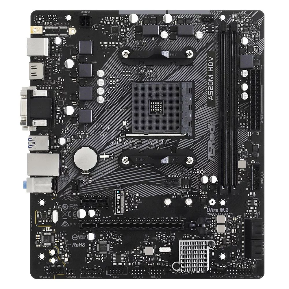 Материнская плата ASRock OEM A520M-HDV, Socket AM4, AMD A520, 2xDDR4-3200, D-SUB+DVI-D+HDMI, 1xPCI-Ex16, 1xPCI-Ex1, 4xSATA3 0/ 1/ 10), 1xM.2, 8 Ch Audio, GLan, (2+4)xUSB2.0, (4+2)xUSB3.2, 1xPS/ 2, mATX, RTL {20} (932267) (A520M-HDV||OEM)