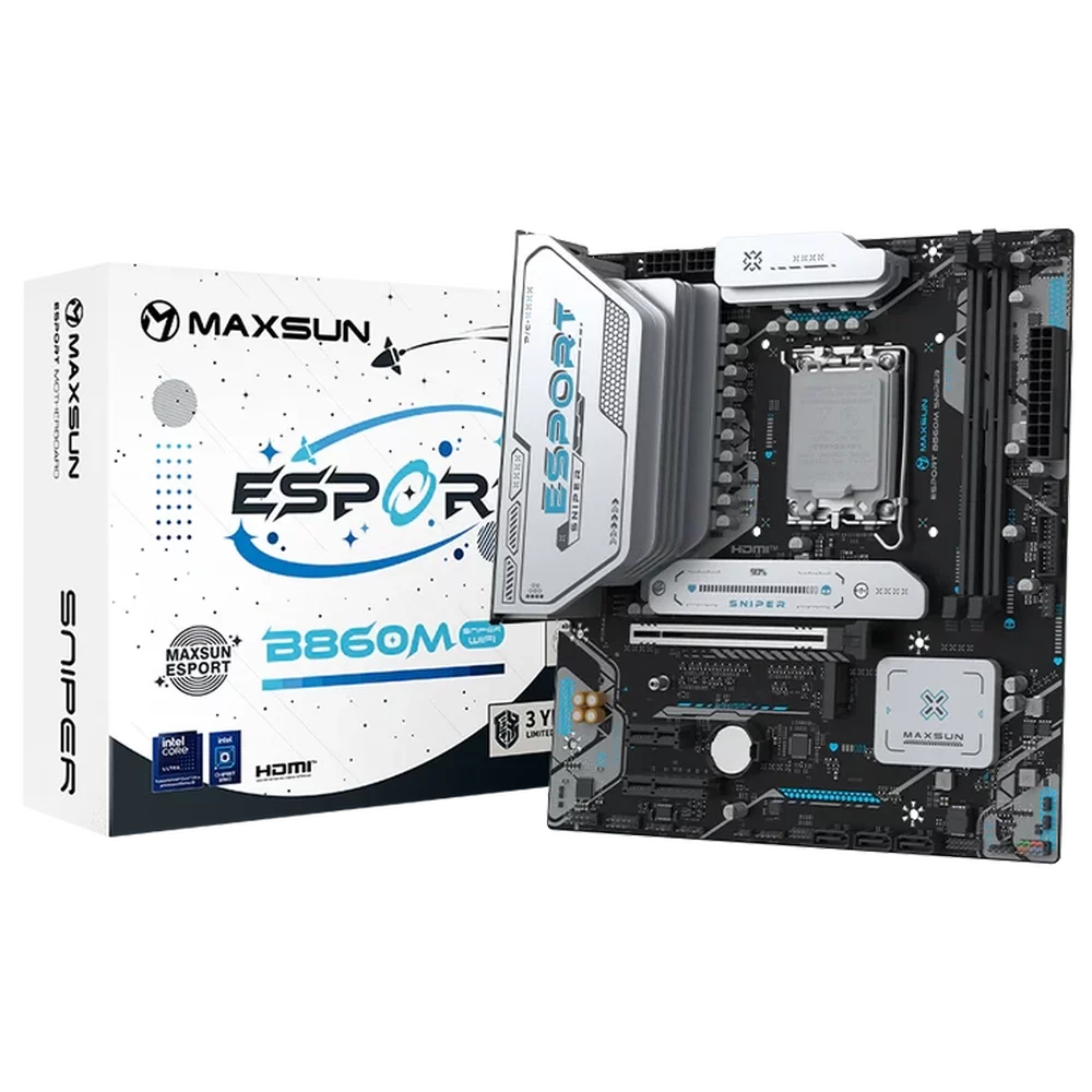 Материнская плата Maxsun MS-eSport B860M SNIPER WIFI B860, LGA1851, 2*DDR5, 1*PCIEx16, 1*PCIEx4, 1*PCIEx1, 2*M.2, 4*USB3.2Gen2, 2*USB3.2Gen1, 6*USB2.0, 3*SATA3.0, 2.5G, Type-C(DP), DP, HDMI, M-ATX, RTL (6940709661246)