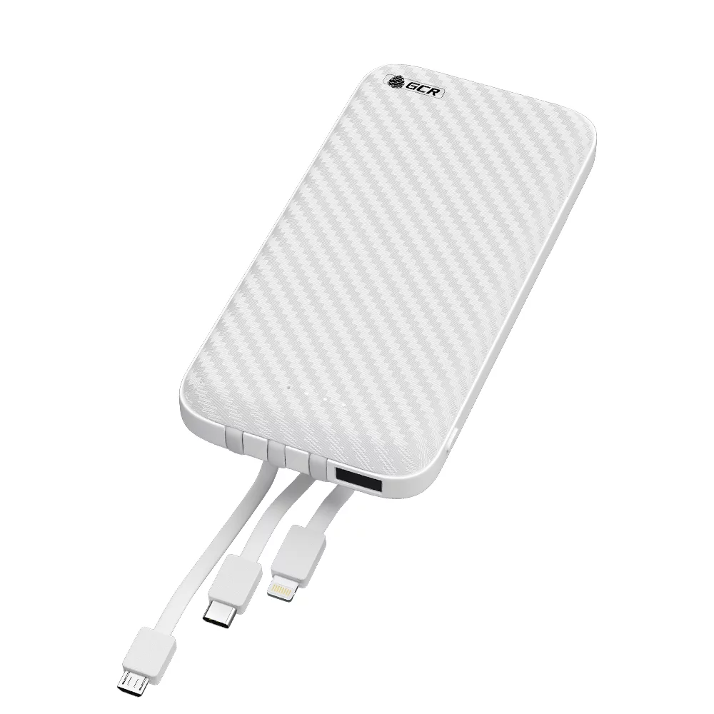 GCR PRO PowerBank на 10000mAh со встроенным кабелем MicroUSB / TypeC / Lightning + подставка для телефона, белый, GCR-51974