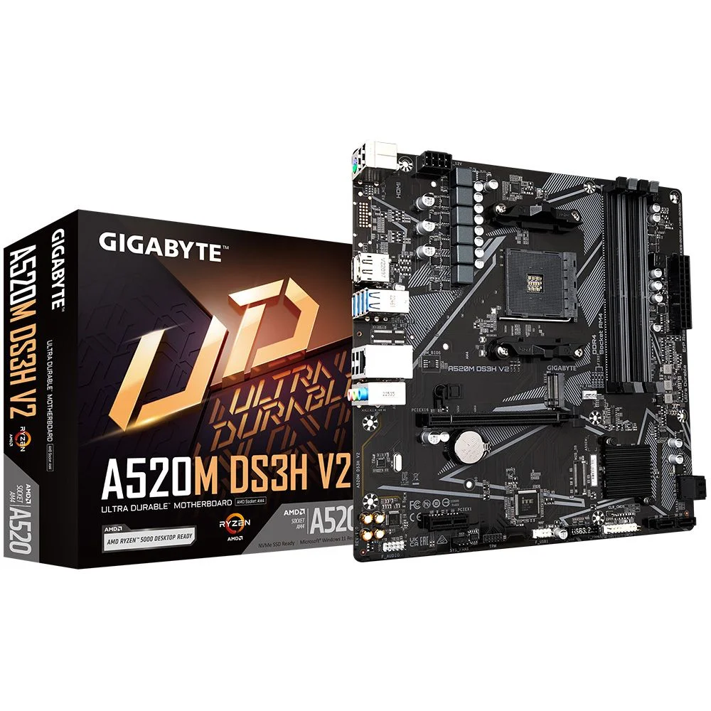 Материнская плата Gigabyte Bad Pack A520M DS3H V2, Socket AM4, AMD A520, 4xDDR4-3200, HDMI+DP, 1xPCI-Ex16, 1xPCI-Ex1, 4xSATA3(RAID 0/ 1/ 10), 1xM.2, 8 Ch Audio, GLan, (4+2)xUSB2.0, (4+2)xUSB3.2, 1xPS/ 2, mATX, RTL bp (A520M DS3H V2||BP)