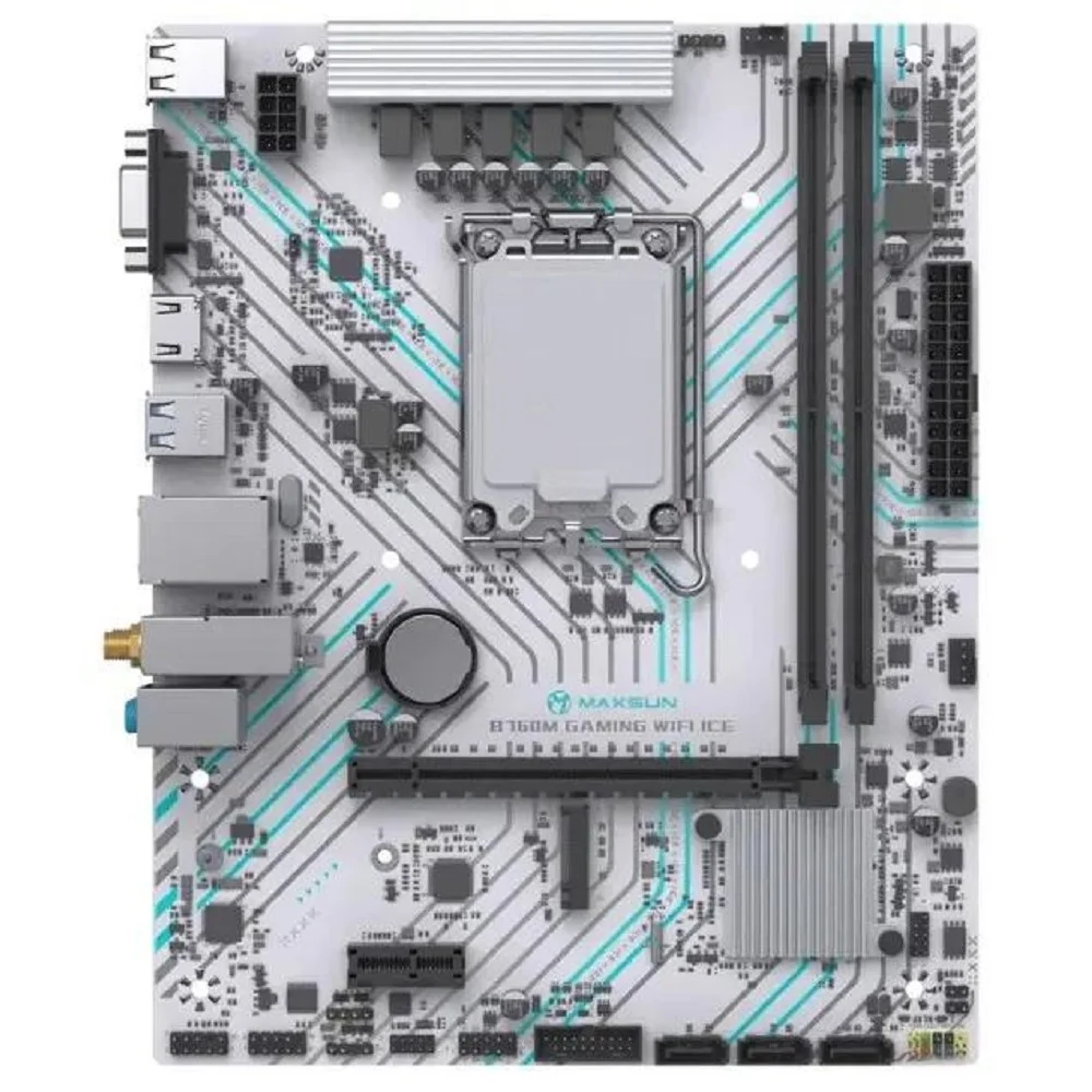 MAXSUN MS-B760M GAMING WIFI ICE (Socket 1700, mATX, 2*DDR4(64Gb), VGA/HDMI, 3*SATA3, 1*M.2, 1*PCIEx16/1*PCIEx1, 2*USB2.0, 4*USB 3.2, LAN 1*1G, Bluetooth, Wi-Fi 802.11ac, ARGB, white, RTL)