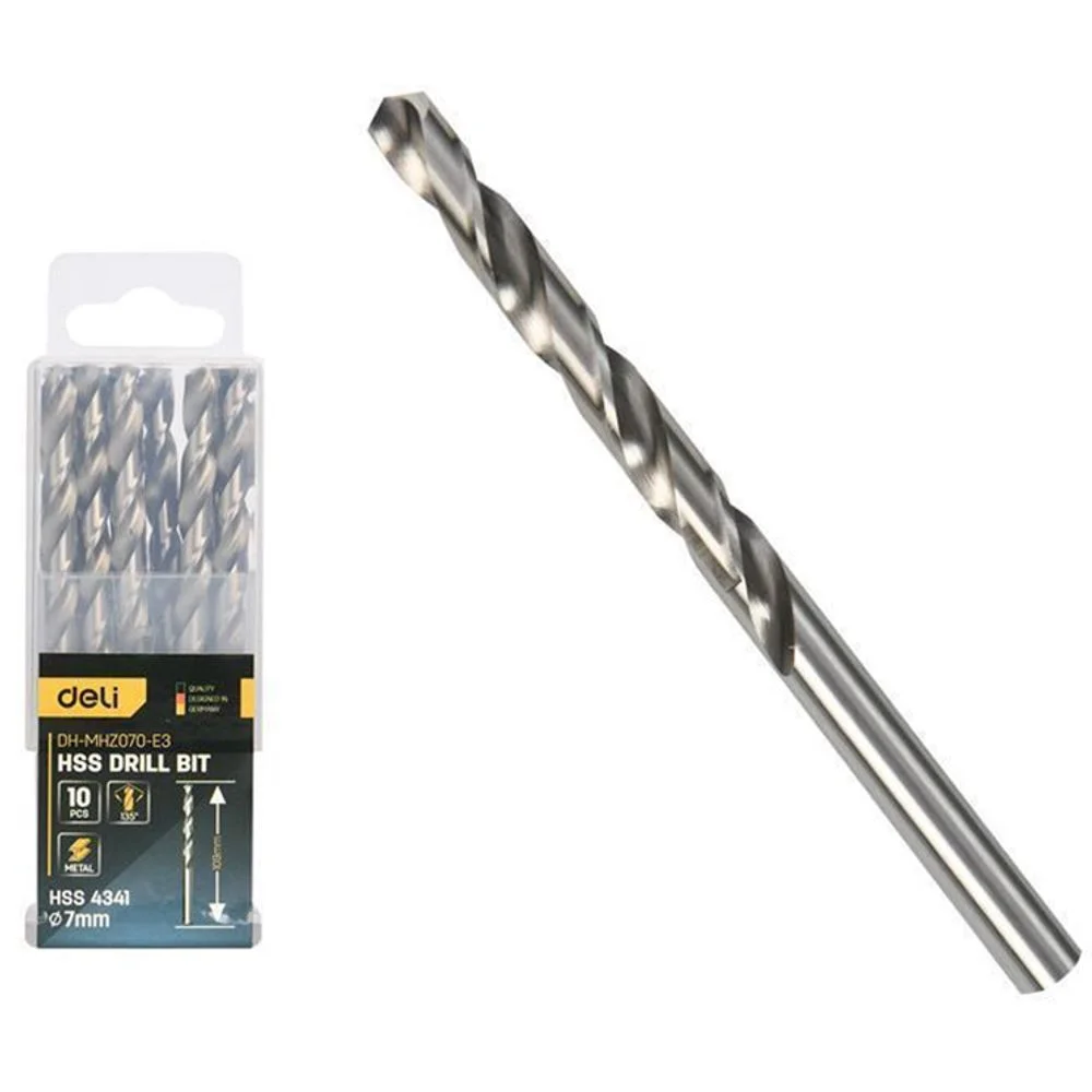 Набор сверл по металлу (7мм, 10 шт) Deli DH-MHZ070-E3 сталь HSS 4341, угол заточки 135 град, пласт. кейс