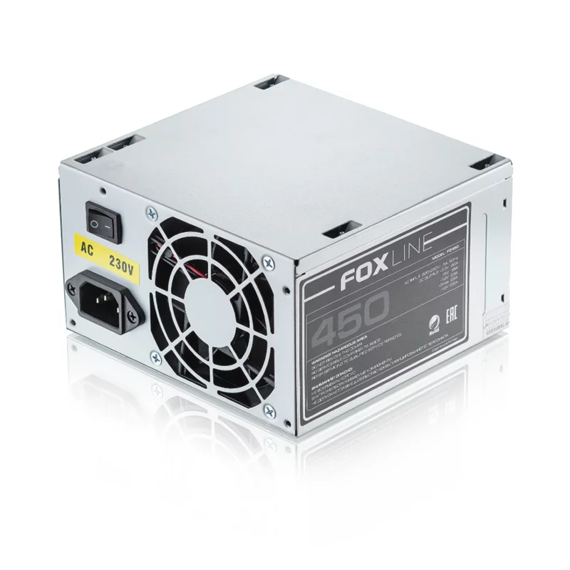 Блок питания 450Вт/ Power Supply Foxline, 450W, ATX, NOPFC, 80FAN, 2xSATA, 2xPATA, 1xFDD, 24+4 (FZ450)