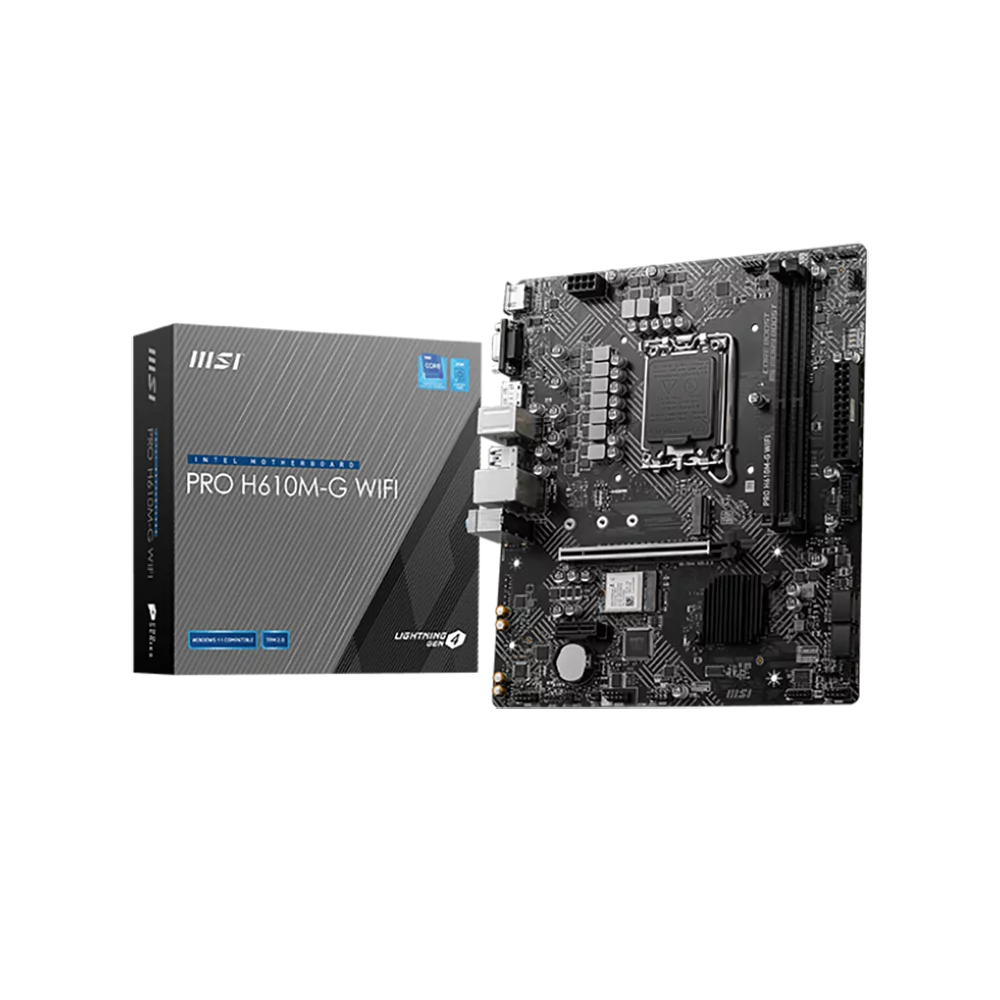Материнская плата MSI PRO H610M-G WIFI H610, LGA1700, 2*DDR5, 1*PCIEx16, 1*PCIEx1, 1*M.2, 4*USB3.2Gen1, 6*USB2.0, 4*SATA3.0, 1G, VGA, DP, HDMI, M-ATX, RTL