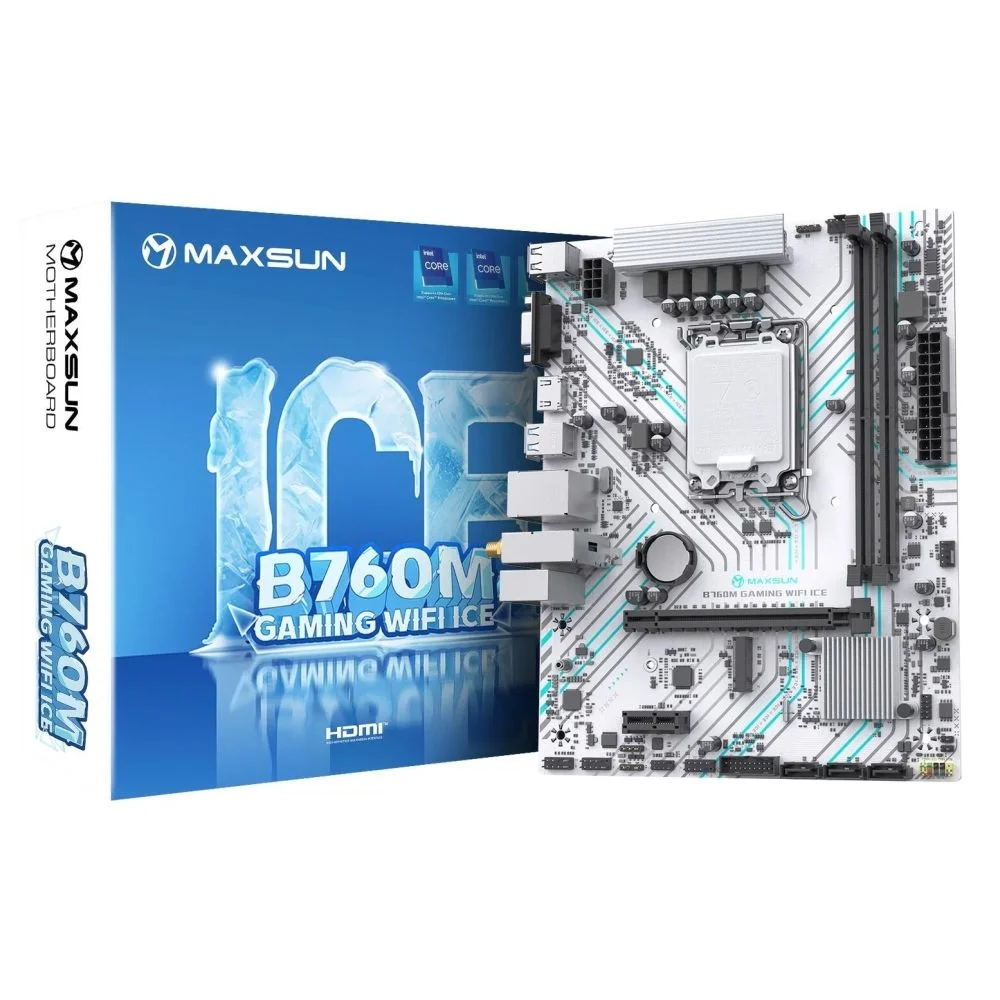 Материнская плата Maxsun MS-B760M GAMING WIFI ICE B760, LGA1700, 2*DDR4, 1*PCIEx16, 1*PCIEx1, 1*M.2, 4*USB3.2Gen1, 6*USB2.0, 3*SATA3.0, 1G, VGA, HDMI, M-ATX, RTL (6940709661598)