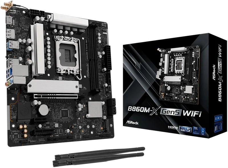 Материнская плата ASROCK B860M-X Gen5 WiFi, LGA1851, B860, 2*DDR5, 4*SATA, 2*M.2, 3*USB 3.2, 2*USB 2.0, Type-C, 2*PCIx16, 1*M.2 (Key E), HDMI+DP, mATX