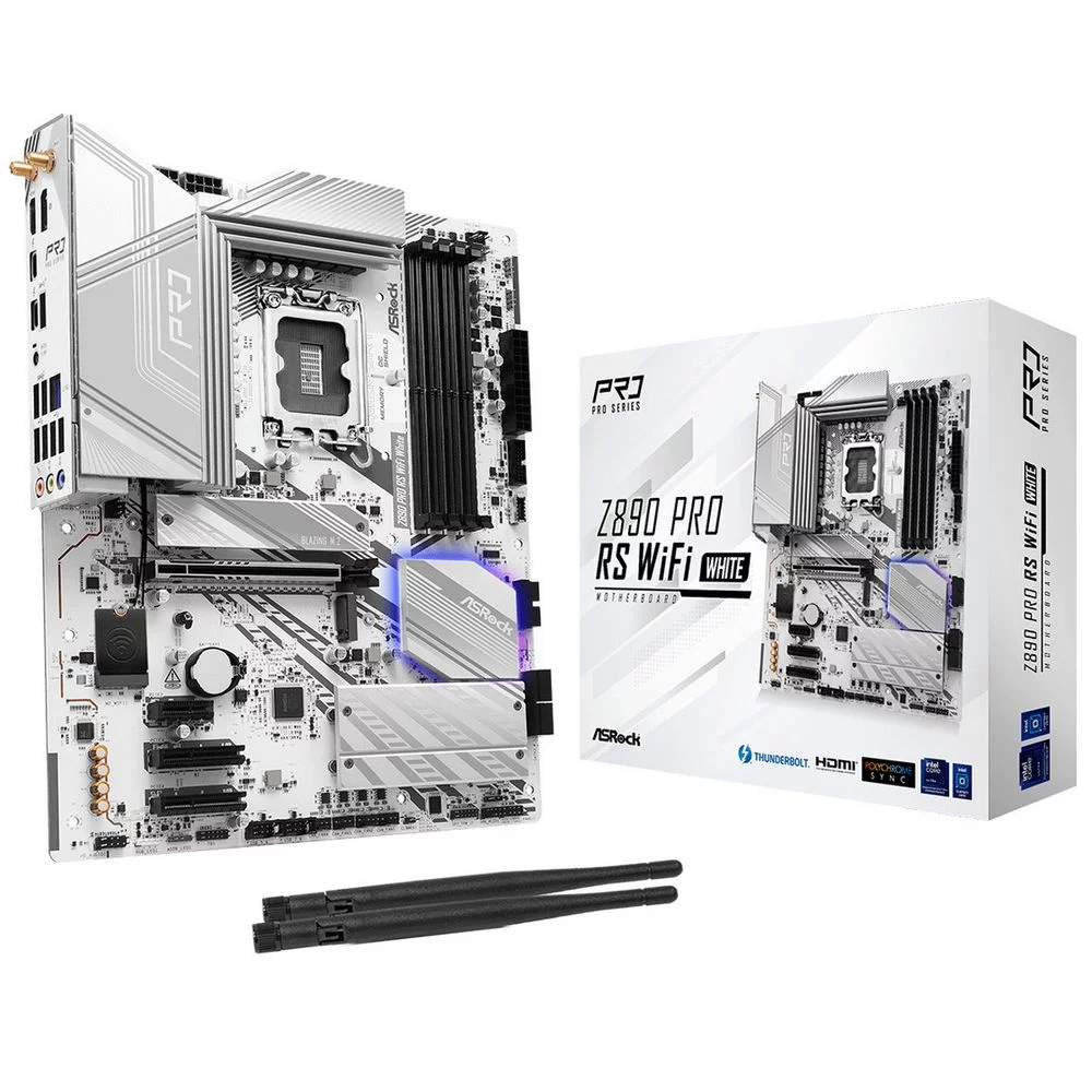 Материнская плата ASROCK Z890 PRO RS WIFI WHITE, LGA1851, Z890, 4*DDR5, 4*SATA, 4*M.2, 3*USB 3.2, 4*USB 2.0, 2*Type-C, 1*PCIx16, 2*PCIx4, 1*M.2 (Key E), HDMI+DP, ATX