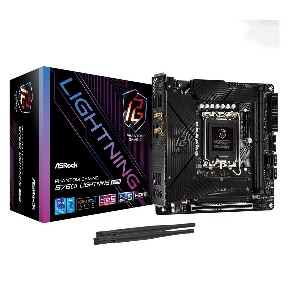 Материнская плата ASROCK B760I LIGHTNING WIFI, LGA1700, B760, 2*DDR5, 3*SATA, 2*M.2, 5*USB 3.2, Type-C, 1*PCIx16, 1xM.2 (Key E), HDMI+DP, mIATX