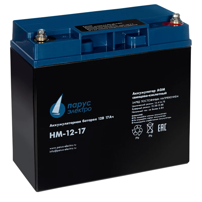Battery Parus Electro, standard series HM-12-17, voltage 12V, capacity 17Ah (discharge 20 hours), max. discharge current (5sec) 225A, max. charge current 6.8A, lead-acid AGM type, M5 bolt terminals, LxWxH 181x77x167mm., total height with terminals 167mm.,