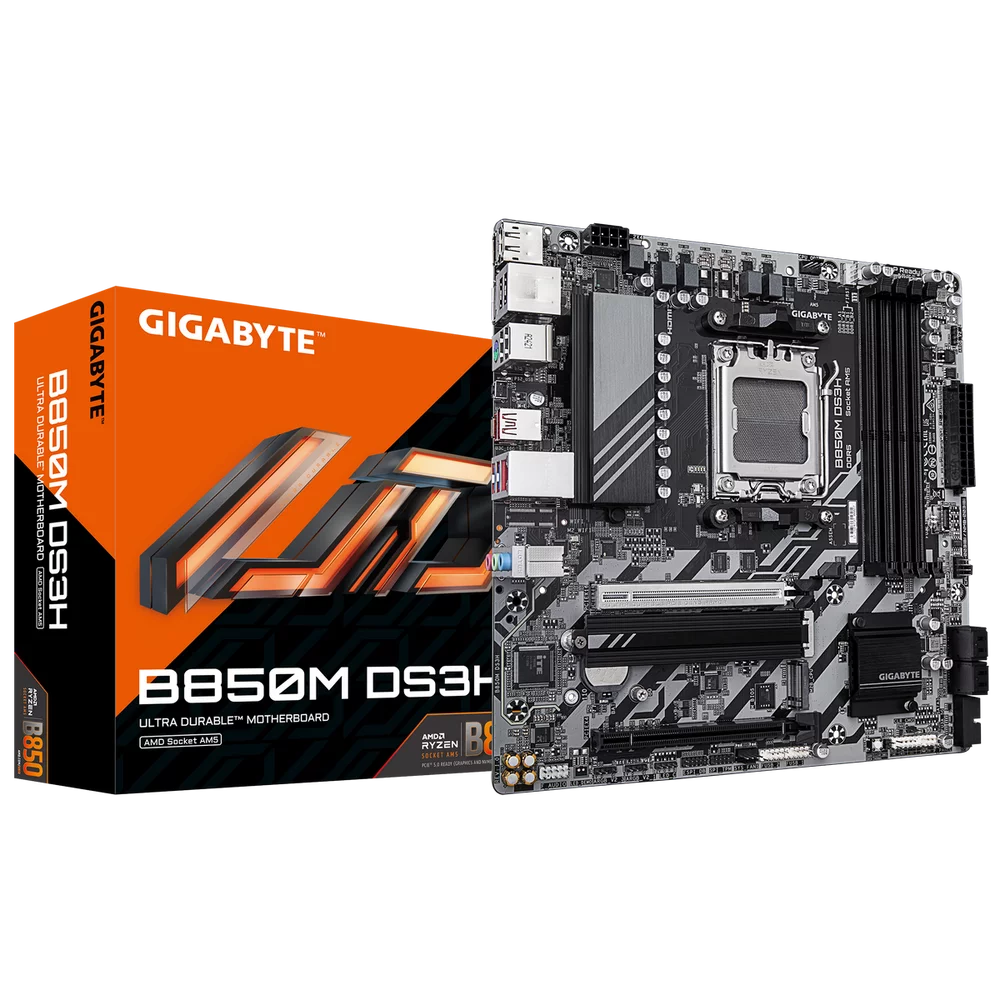 Материнская плата Gigabyte Bad Pack B850M DS3H, Socket AM5, AMD B850, 4xDDR5-5200, HDMI+DP+DP, 2xPCI-Ex16, 4xSATA3(RAID 0/ 1/ 10), 2xM.2, 8 Ch Audio, 1x2,5GLan, (4+4)xUSB2.0, (3+2)xUSB3.2, (1+1)xUSB Type-C™, 1xPS/ 2, mATX, RTL (B850M DS3H||BP)