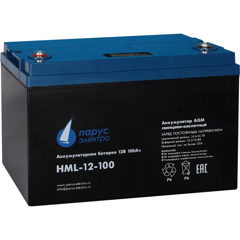 Battery Parus Electro, professional series HML-12-100, voltage 12V, capacity 100Ah (discharge 10 hours), max. discharge current (5sec) 900A, max. charge current 30A, lead-acid AGM type, M8 bolt terminals, LxWxH 330x171x215mm., total height with terminals