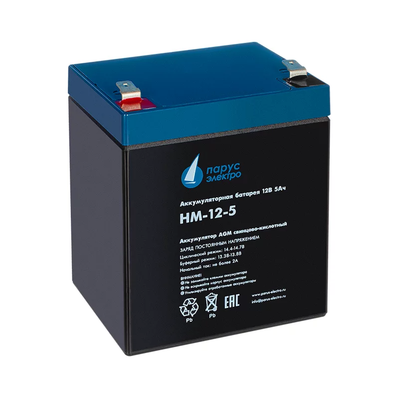 Battery Parus Electro, standard series HM-12-5, voltage 12V, capacity 5Ah (discharge 20 hours), max. discharge current (5sec) 75A, max. charge current 2A, lead-acid type AGM, terminals F2, LxWxH 90x70x101mm., total height with terminals 107mm., weight 1.8