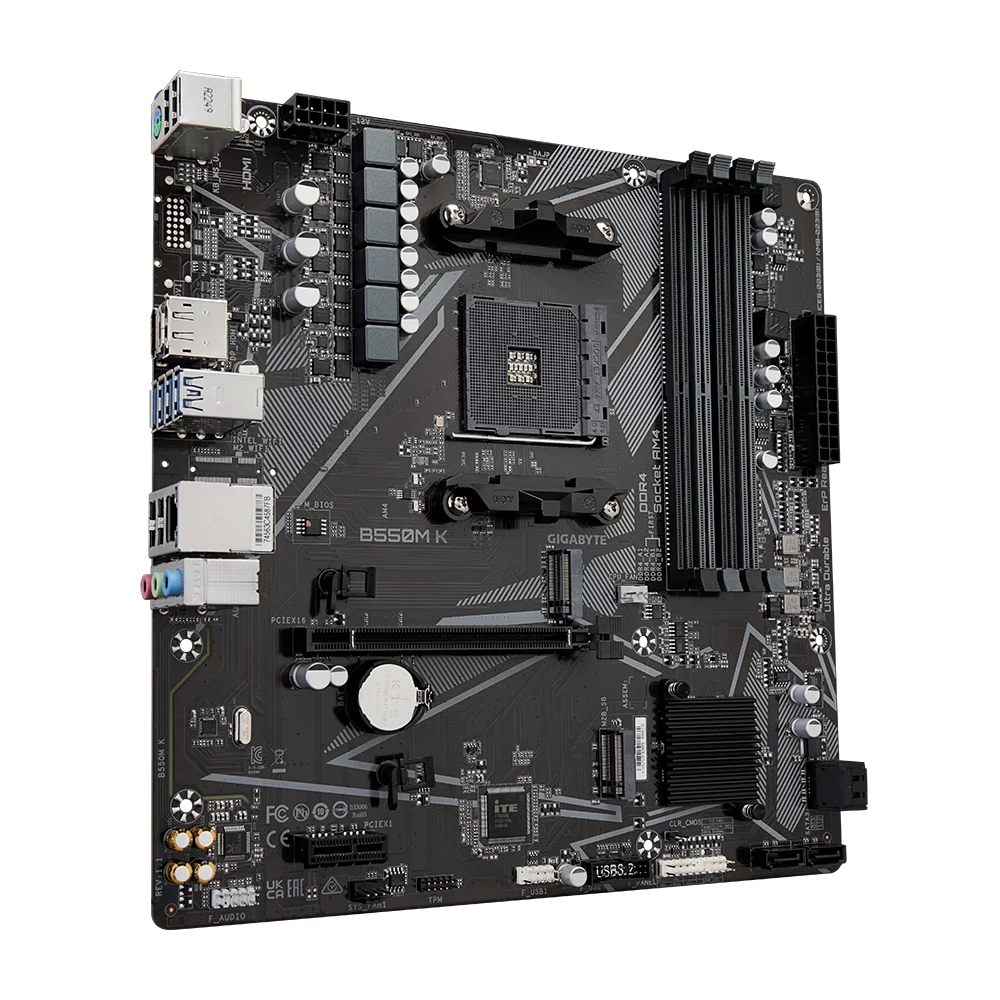 Материнская плата Gigabyte OEM B550M K, Socket AM4, AMD B550, 4xDDR4-3200, HDMI+DP, 1xPCI-Ex16, 1xPCI-Ex1, 4xSATA3(RAID 0/ 1/ 10), 2xM.2, 8 Ch Audio, GLan, (4+2)xUSB2.0, (4+2)xUSB3.2, 1xPS/ 2, mATX, RTL {10} (B550M K||OEM)