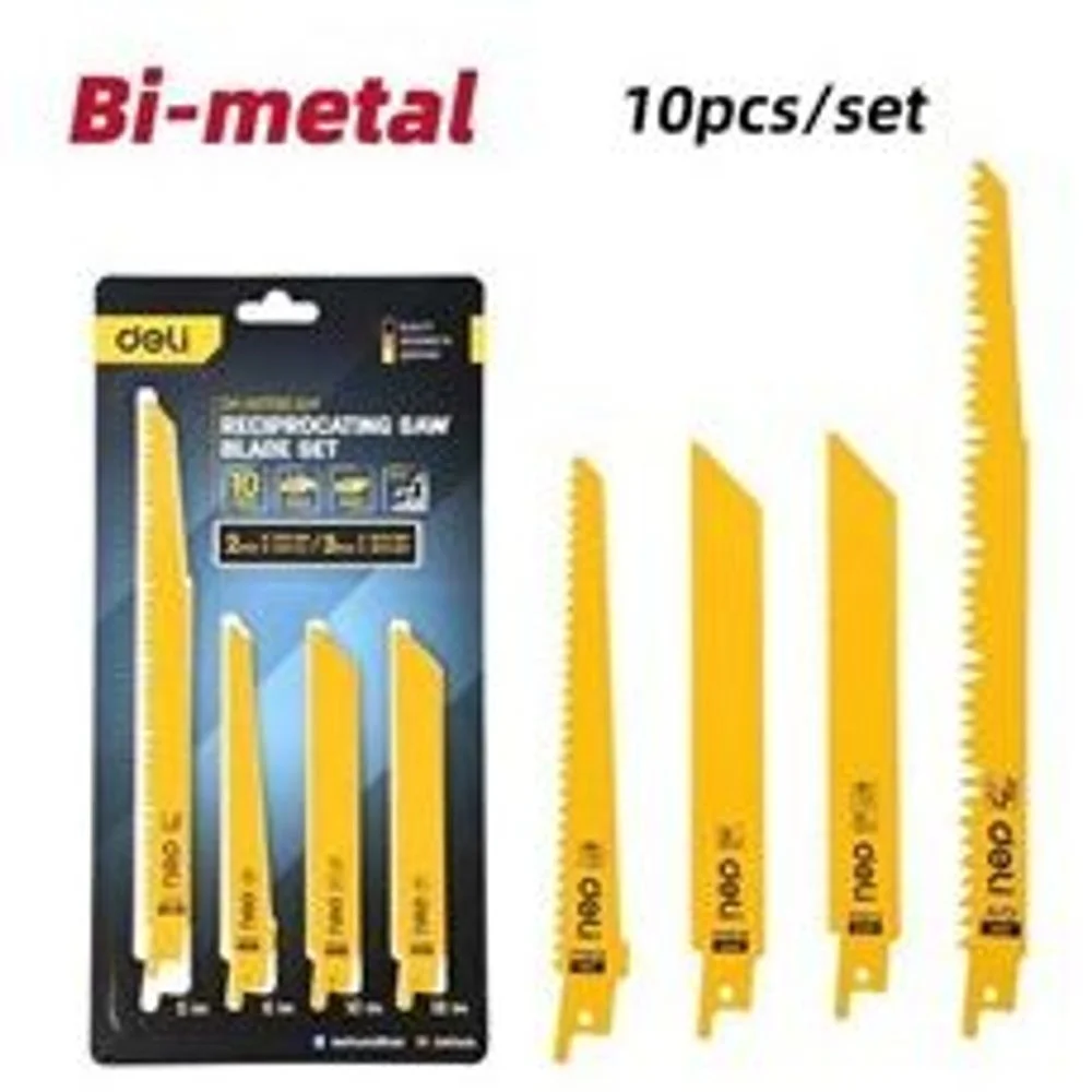Набор полотен для сабельной пилы (10шт) универсальный Deli DH-WJT010-EH1 (по металлу BIM/ 18TPI/ 150мм - 2шт + BIM/ 10TPI/ 150мм - 3шт, по дереву BIM/ 6TPI/ 150мм - 3шт + CRV/ 5TPI/ 200мм - 2шт) Bad Pack (DH-WJT010-EH1||BP)