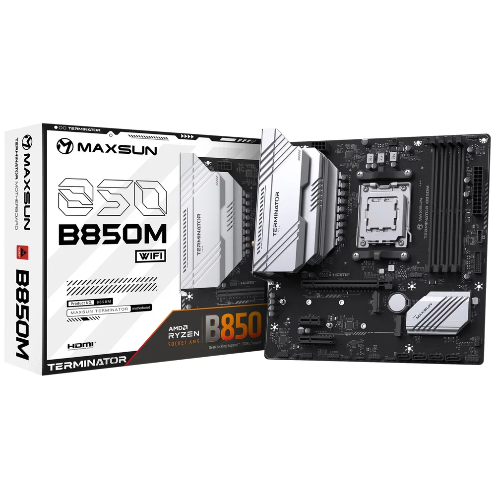 Материнская плата Maxsun MS-Terminator B850M WIFI B850, AM5, 4*DDR5, 1*PCIEx16, 1*PCIEx4, 1*PCIEx1, 2*M.2, 2*TypeC, 6*USB3.2Gen1, 6*USB2.0, 4*SATA3.0, 2.5G, DP, HDMI, M-ATX, RTL (6940709661741)