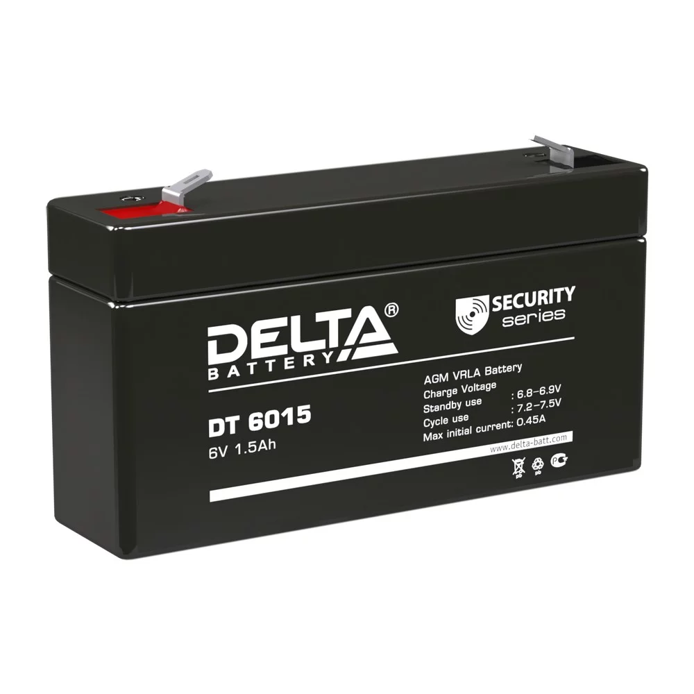 Батарея DELTA серия DT, DT 6015, напряжение 6В, емкость 1.5Ач (разряд 20 часов), макс. ток разряда (5 сек.) 18А, макс. ток заряда 0.45А, свинцово-кислотная типа AGM, клеммы F1, ДxШxВ 97х24х51мм., вес 0.3кг., срок службы 5 лет./ Battery DELTA series DT, D