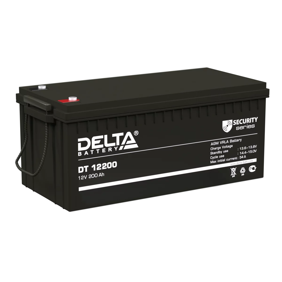 Батарея DELTA серия DT, DT 12200, напряжение 12В, емкость 200Ач (разряд 20 часов), макс. ток разряда (5 сек.) 1500А, макс. ток заряда 60А, свинцово-кислотная типа AGM, клеммы под болт М8, ДxШxВ 522х238х218мм., вес 54кг., срок службы 10 лет./ Battery DELT
