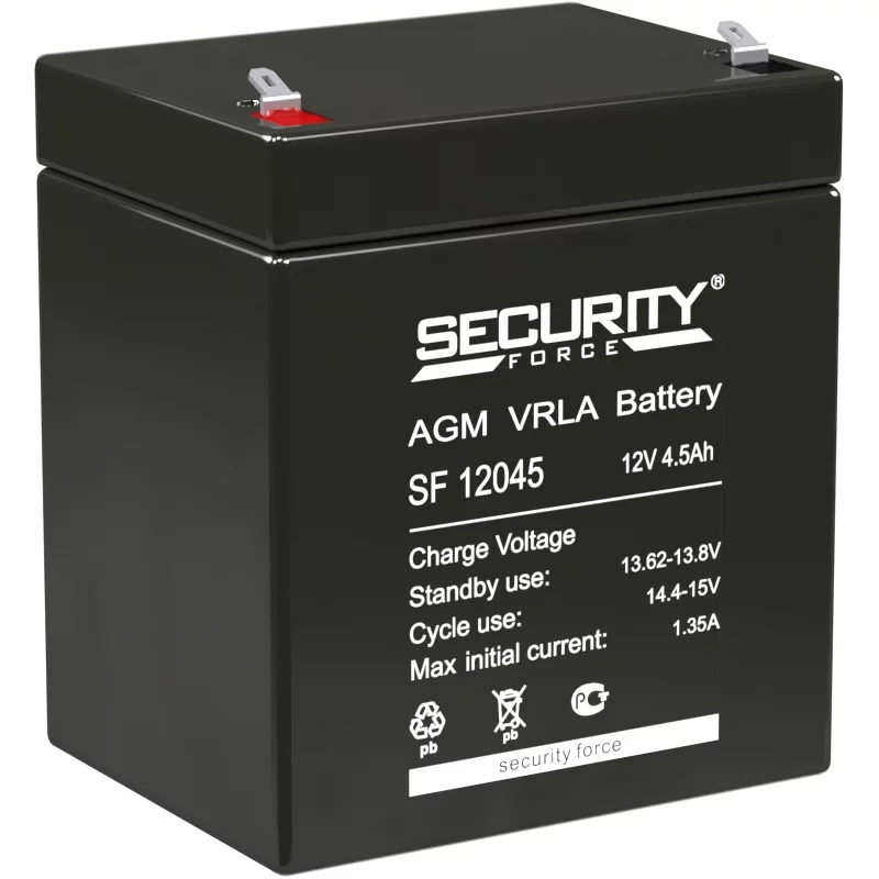 Батарея SECURITY FORCE серия SF, SF 12045, напряжение 12В, емкость 4.6Ач (разряд 20 часов), макс. ток разряда (5 сек.) 60А, макс. ток заряда 1.35А, свинцово-кислотная типа AGM, клеммы F1, ДxШxВ 90х70х101мм., вес кг., срок службы 3-5 лет./ Battery SECURIT