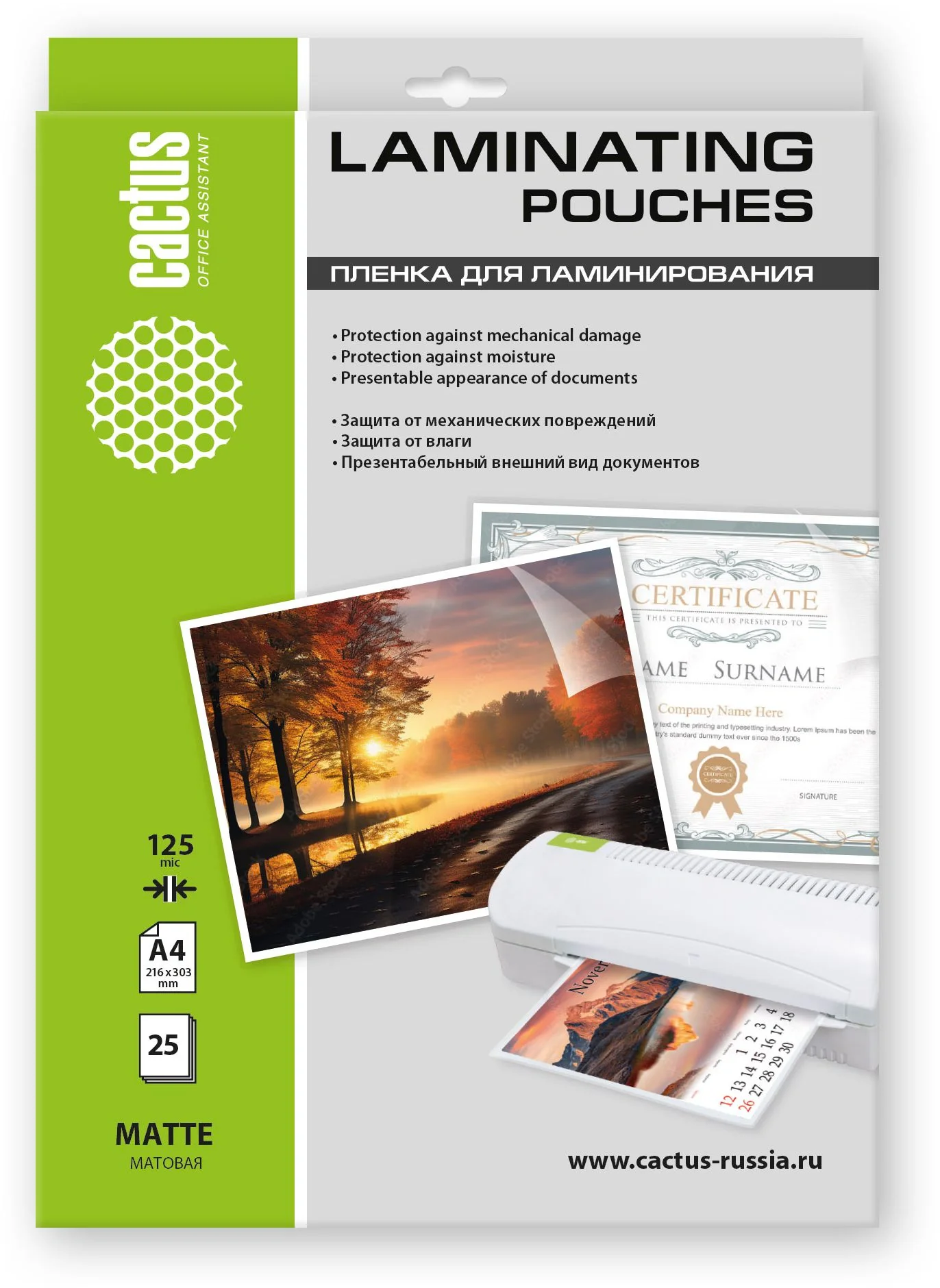 Пленка для ламинирования Cactus 125мкм A4 (25шт) матовая 216x303мм CS-LPMА412525