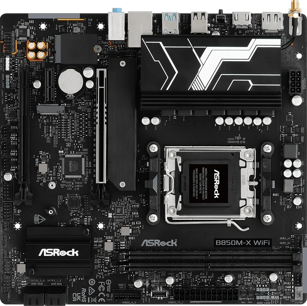 Материнская плата ASROCK B850M-X WIFI R2.0, AM5, B850, 2*DDR5, 4*SATA, 2*M.2, 2*USB 2.0, 3*USB 3.2, Type-C, 2*PCIx16, 1*M.2 (Key E), HDMI+DP, mATX