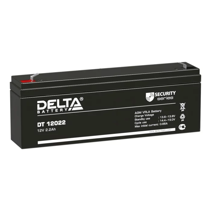 Батарея DELTA серия DT, DT 12022, напряжение 12В, емкость 2.2Ач (разряд 20 часов), макс. ток разряда (5 сек.) 44А, макс. ток заряда 0.66А, свинцово-кислотная типа AGM, клеммы F1, ДxШxВ 179х35х61мм., вес 0.94кг., срок службы 5 лет./ Battery DELTA series D