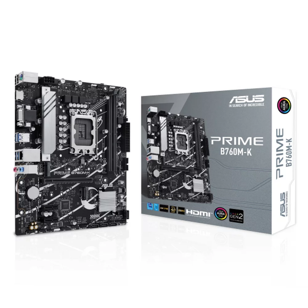 Материнская плата ASUS PRIME B760M-K, LGA1700, B760, 2*DDR5, 4*SATA, 2*M.2, 4*USB 3.2, 2*USB 2.0, 1*PCIx16, 2*PCIx1, HDMI+VGA, mATX (90MB1FI0-M0EAY0)