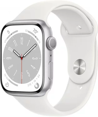 Смарт-часы Apple Watch Series 8 А2771 45мм OLED корп.серебристый рем.белый разм.брасл.:M/ L (MP6Q3LL/A)