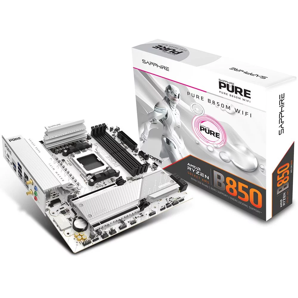 Материнская плата Sapphire B850M PURE WIFI B850, AM5, 4*DDR5, 2*PCIEx16, 2*M.2, 2*TypeC, 3*USB3.2Gen2, 2*USB3.2Gen1, 6*USB2.0, 4*SATA3.0, 2.5G, DP, HDMI, M-ATX, RTL (52123-02-40G)