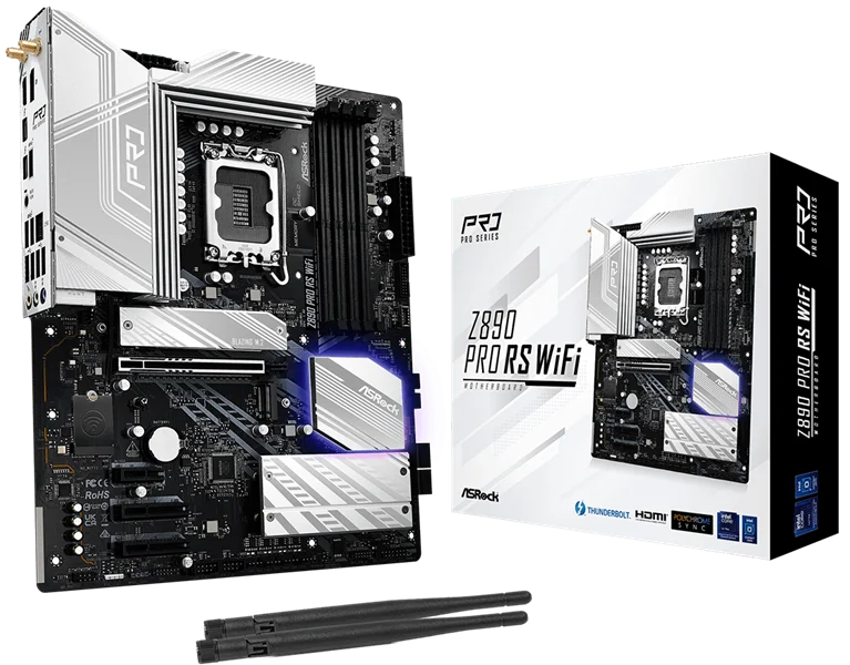 материнская плата ASROCK Z890 PRO RS WIFI, LGA1851, Z890, 4*DDR5, 4*SATA, 4*M.2, 3*USB 3.2, 4*USB 2.0, 2*Type-C, 1*PCIx16, 2*PCIx4, 1*M.2 (Key E), HDMI+DP, ATX