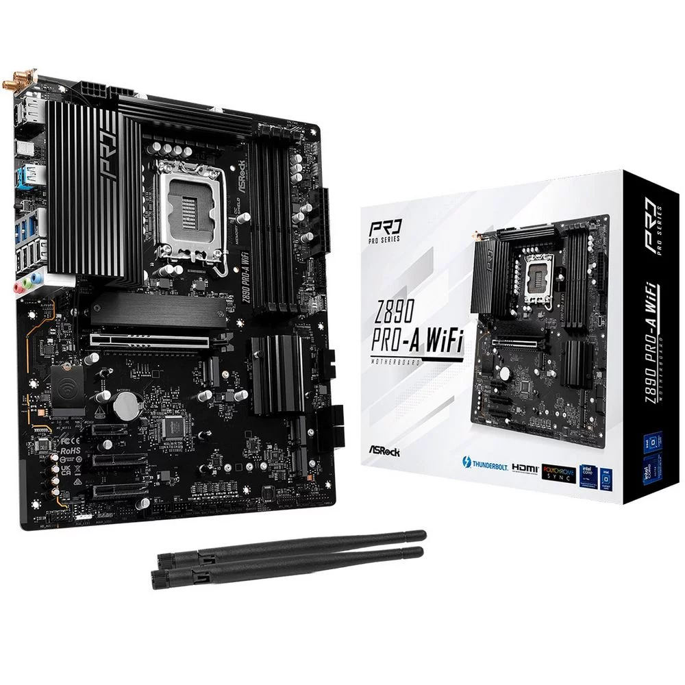 Материнская плата ASROCK Z890 PRO-A WIFI, LGA1851, Z890, 4*DDR5, 4*SATA, 4*M.2, 4*USB 3.2, 4*USB 2.0, Type-C, 1*PCIx16, 2*PCIx4, 1*M.2 (Key E), HDMI+DP, ATX