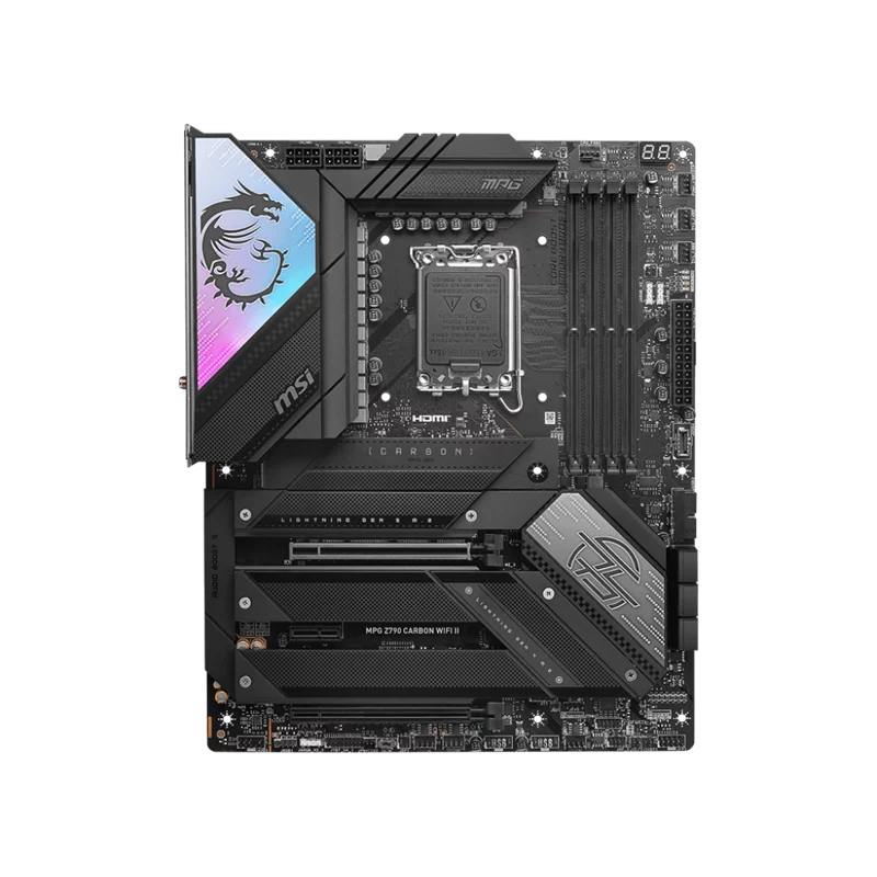 Материнская плата/ MB MSI INTEL Z790 s1700, 4xDDR5(256GB), HDMI 2.1, 1xPCIe 5.0x16, 1xPCIe 4.0x16, 1xPCIe 3.0, 1xLAN (2.5GbE), Wi-Fi, BT, 6xSATA 6Gb/s, 5xM.2, 2xUSB-C, 8xUSB 3.2, ATX (MPG Z790 CARBON WIFI II)