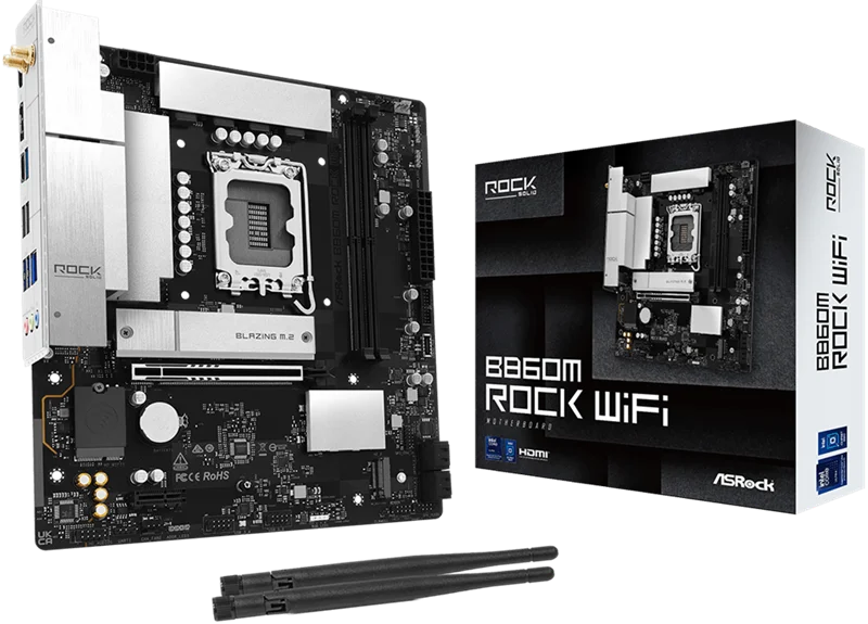 Материнская плата ASROCK B860M Rock WiF, LGA1851, B860, 4*DDR5, 4*SATA, 4*M.2, 4*USB 3.2, 3*USB 2.0, Type-C, 2*PCIx16, 1*M.2 (Key E), HDMI, mATX (B860M ROCK WIFI)