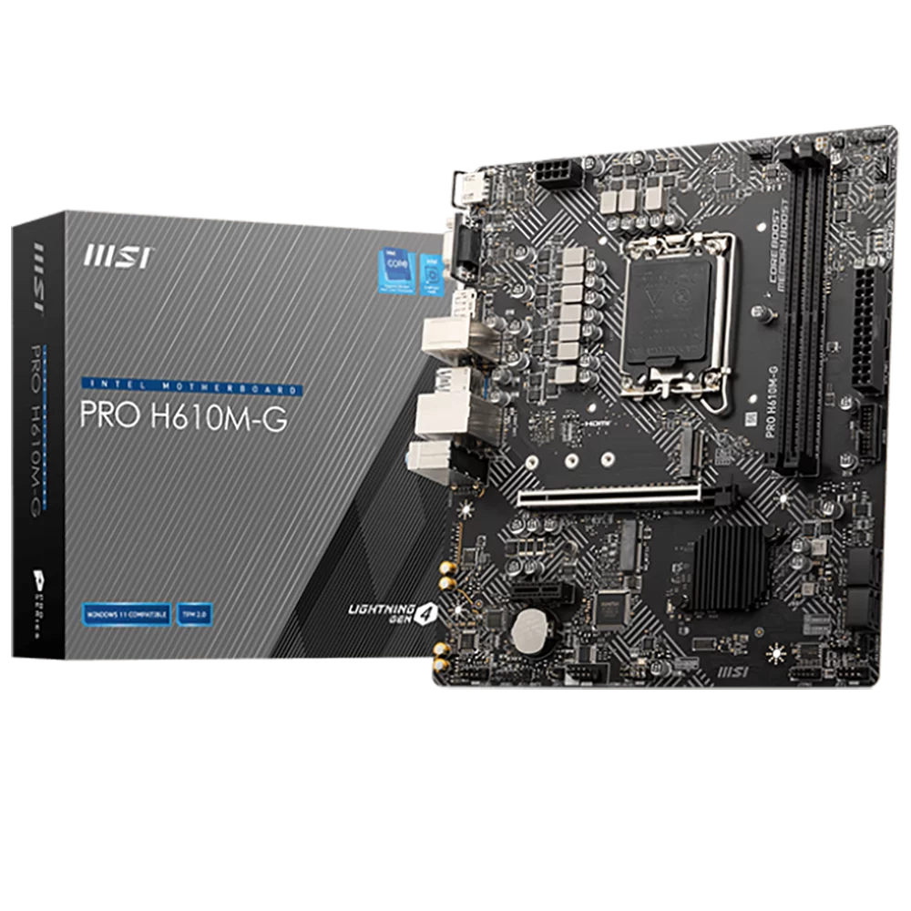 Материнская плата MSI PRO H610M-G H610, LGA1700, 2*DDR5, 1*PCIEx16, 1*PCIEx1, 1*M.2, 4*USB3.2Gen1, 6*USB2.0, 4*SATA3.0, 1G, VGA, DP, HDMI, M-ATX, BULK (PRO H610M-G||BULK)