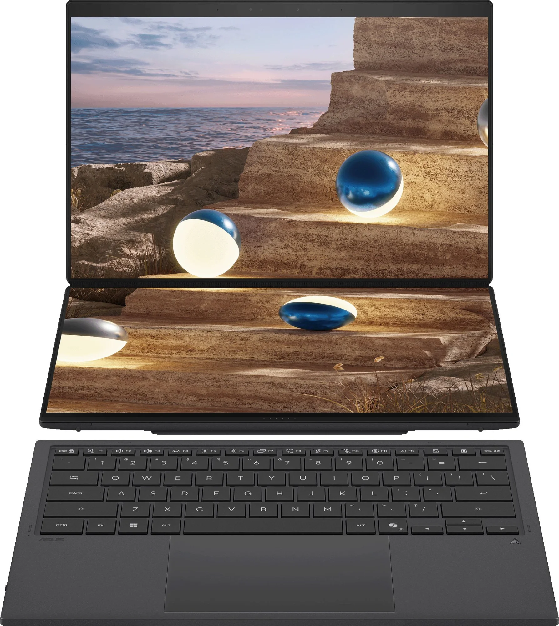 Ноутбук ASUS Zenbook Duo UX8407AA-SN279X Intel Core Ultra 9 386H/ LPDDR5X 32GB 1TB/ Intel Arc Graphics / 14" 3K (2880 x 1800) OLED 16:10 TOUCH,WiFi 7+BT 5.4/ WIN11 PRO/ 1.65 kg/ Moher Gray/ Stylus+Sleeve (90NB16V1-M00F80)