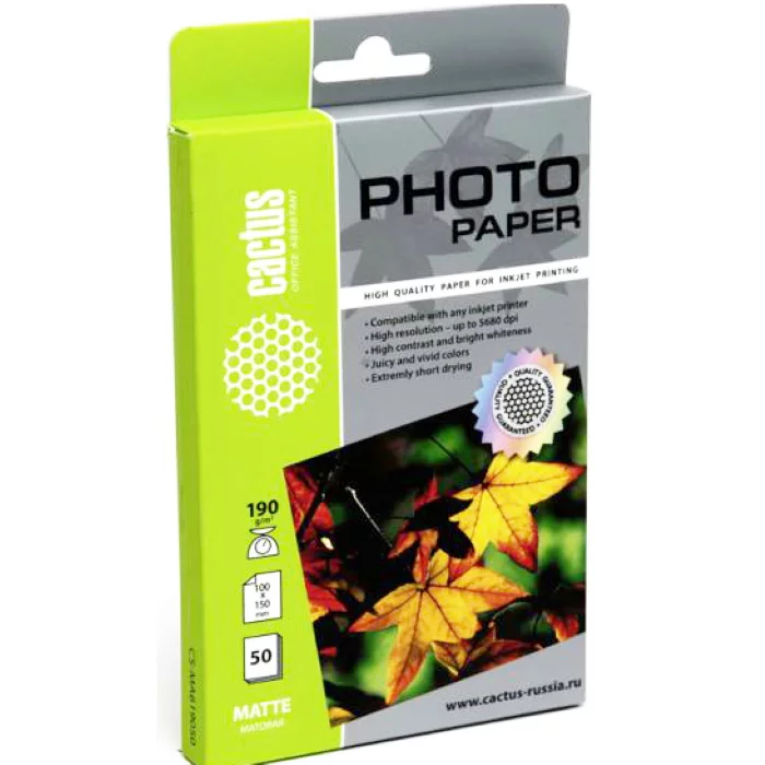 Фотобумага Cactus CS-MA619050 10x15/190г/м2/50л./белый матовое для струйной печати
