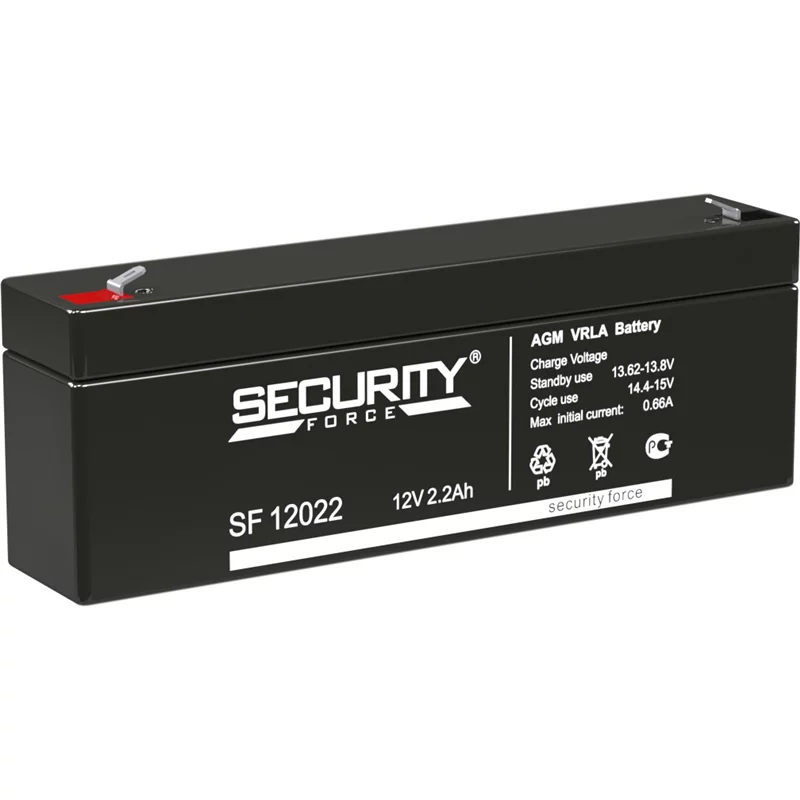 Батарея SECURITY FORCE серия SF, SF 12022, напряжение 12В, емкость 2.2Ач (разряд 20 часов), макс. ток разряда (5 сек.) 52.5А, макс. ток заряда 0.66А, свинцово-кислотная типа AGM, клеммы F1, ДxШxВ 179х35х61мм., вес кг., срок службы 3-5 лет./ Battery SECUR