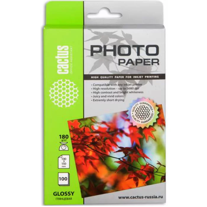 Фотобумага Cactus CS-GA6180100 10x15/180г/м2/100л./белый глянцевое для струйной печати
